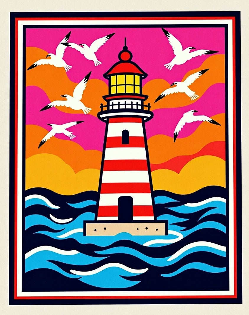 Vibrant Lighthouse Seagull Sunset Ocean Rug