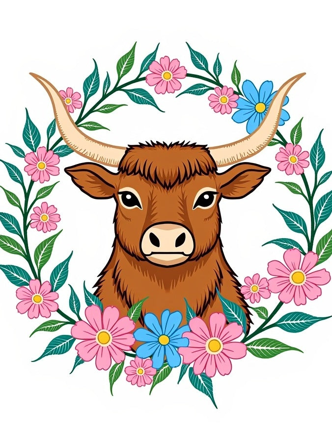 Brown Highland Cow Floral Wreath Rug