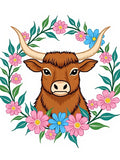 Brown Highland Cow Floral Wreath Rug