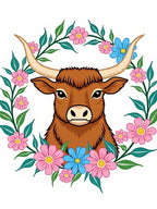 Brown Highland Cow Floral Wreath Rug