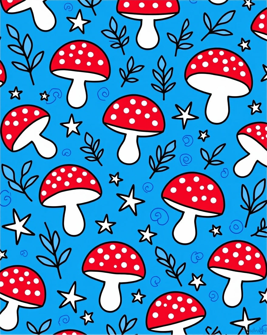 Red White Mushroom Stars Blue Whimsical Foliage Rug