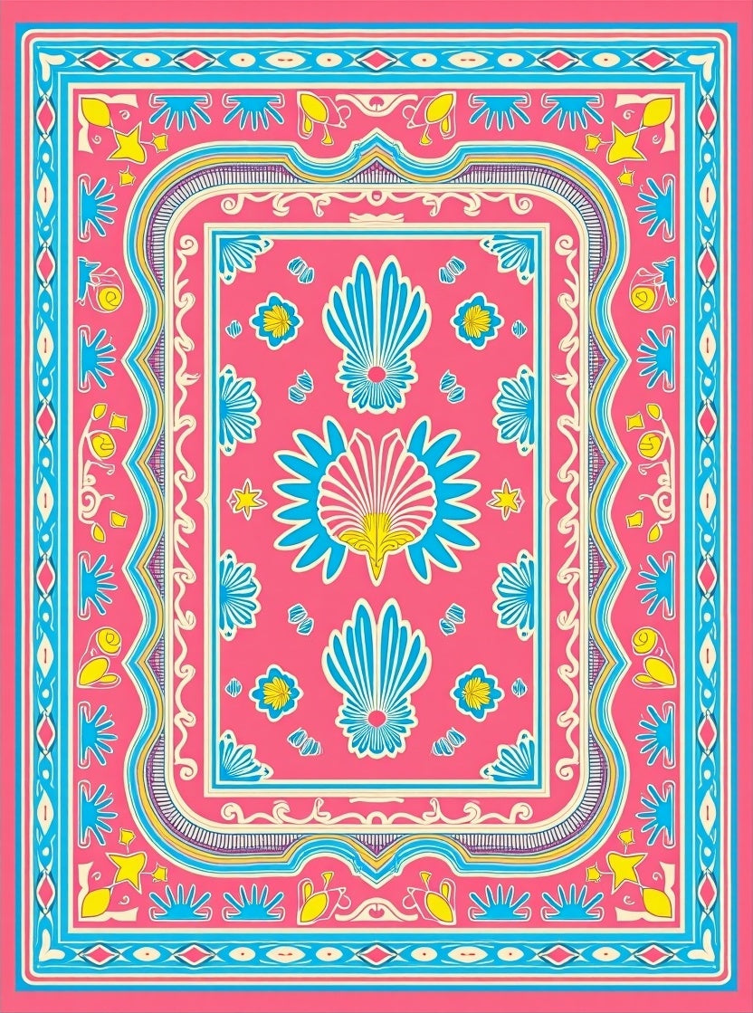 Vibrant Pink Blue Floral Medallion Rug