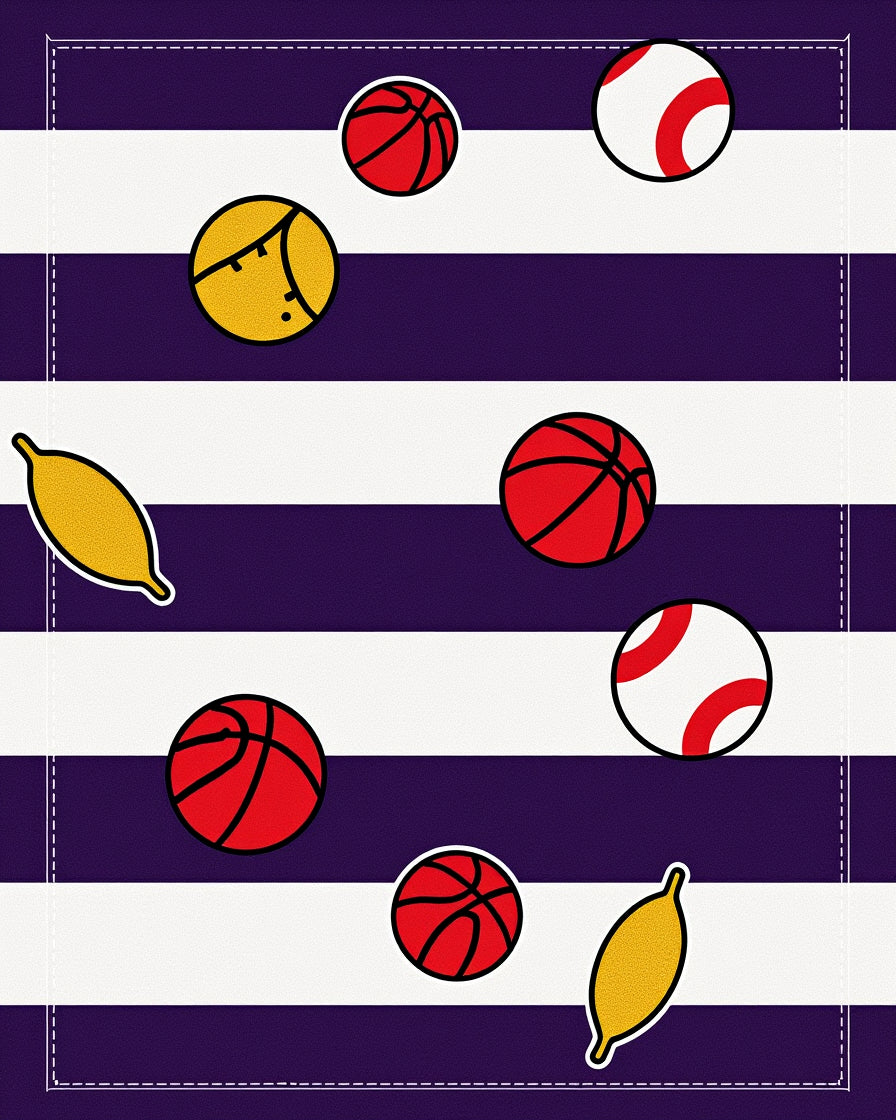 Purple White Striped Sports Balls Rug