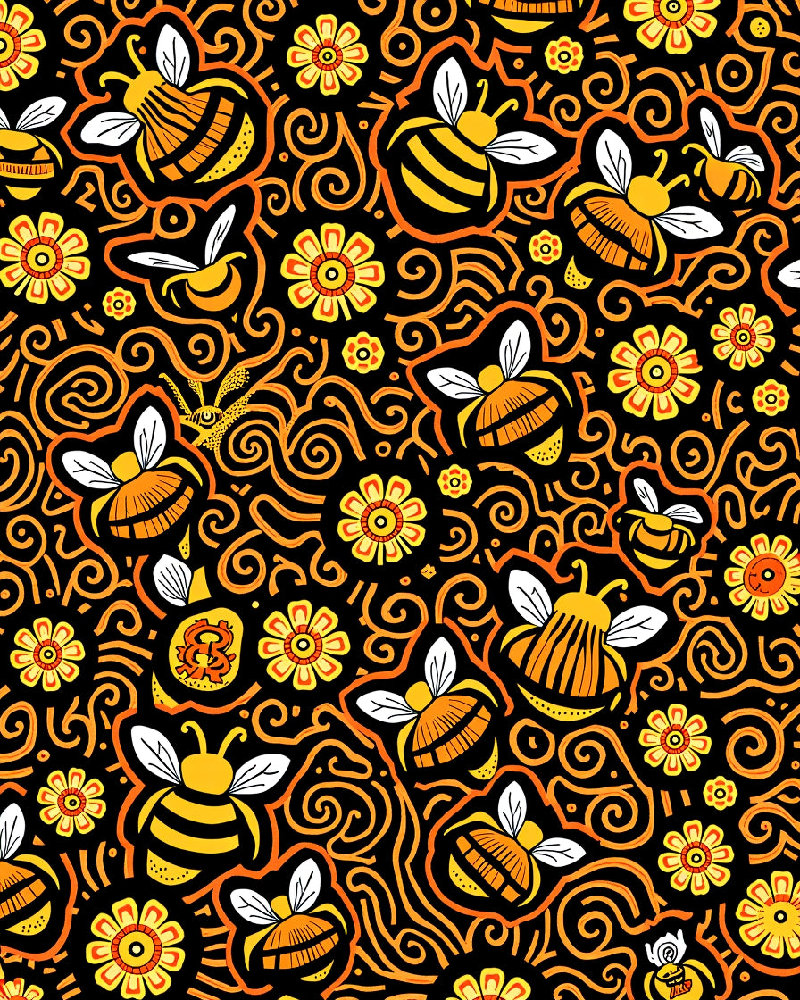 Whimsical Black Yellow Bee Floral Swirl Rug