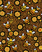 Whimsical Black Yellow Bee Floral Swirl Rug
