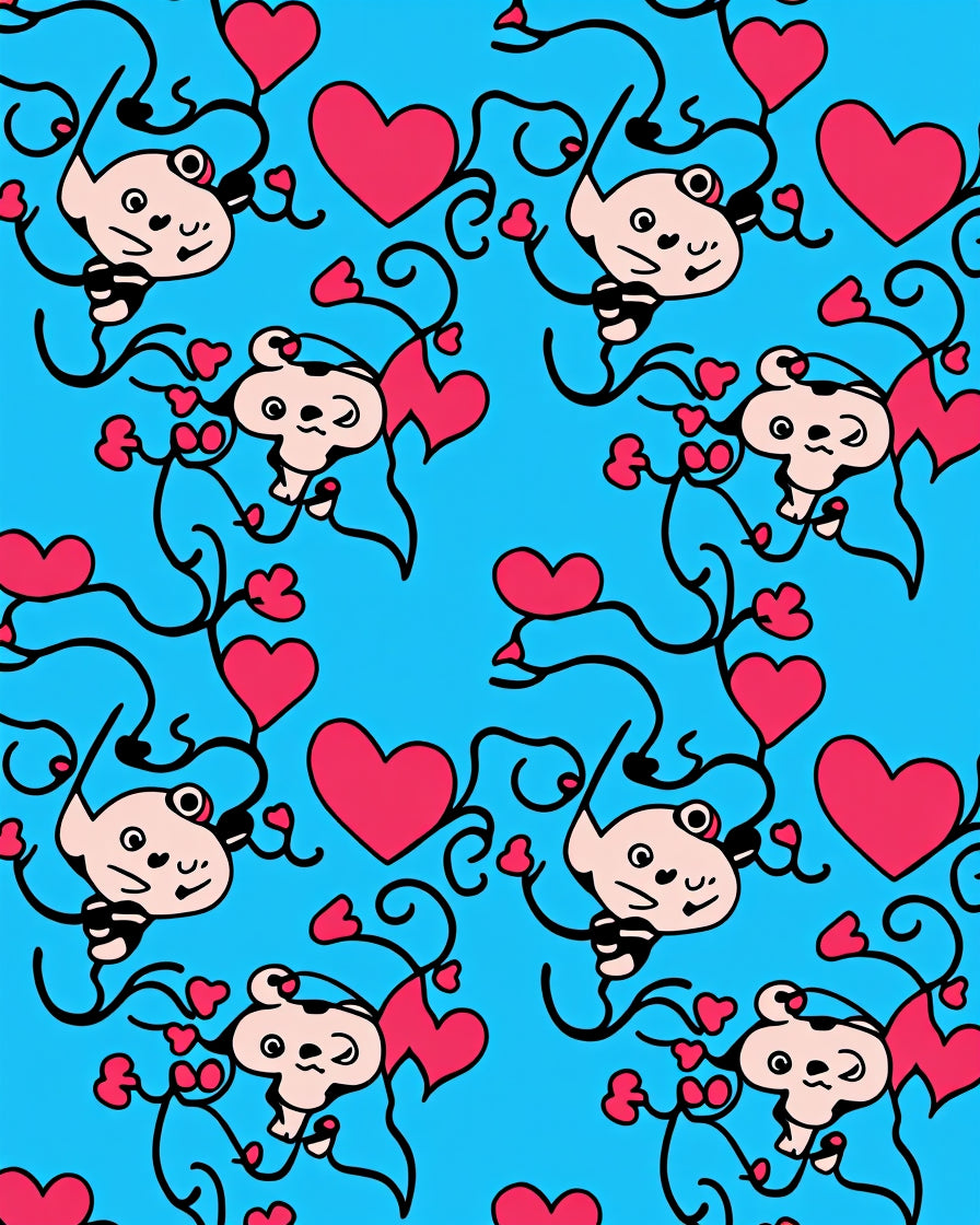Whimsical Pink Heart Characters Blue Background Rug