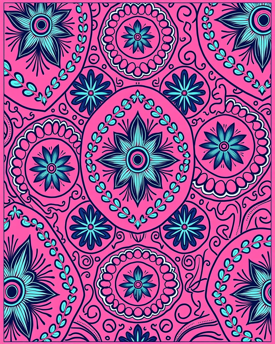 Vibrant Pink Cyan Floral Medallion Rug