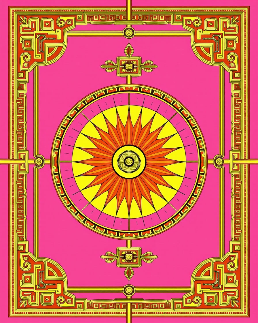 Vibrant Pink Sunburst Geometric Medallion Rug
