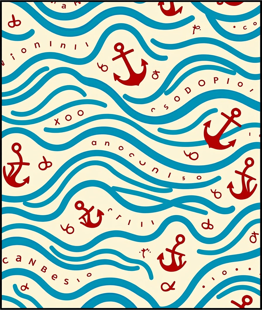 Nautical Red Anchor Wave Design Rug