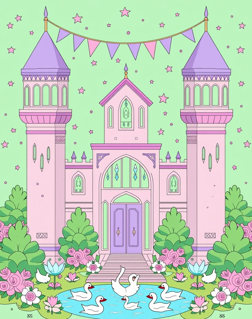 Pastel Pink Castle Swan Garden Rug