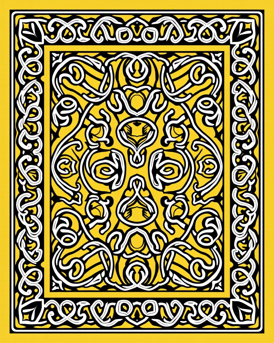 Intricate Yellow Knotwork Symmetry Rug