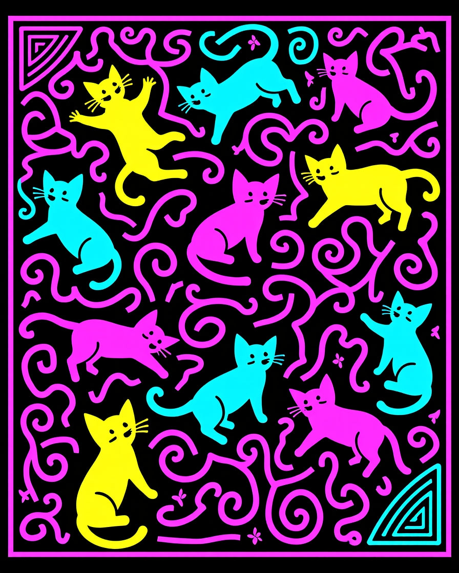 Playful Neon Cats Swirls Rug