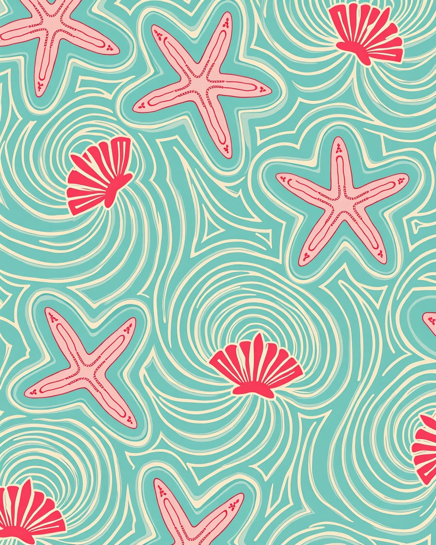 Aqua Pink Starfish Seashell Swirls Rug