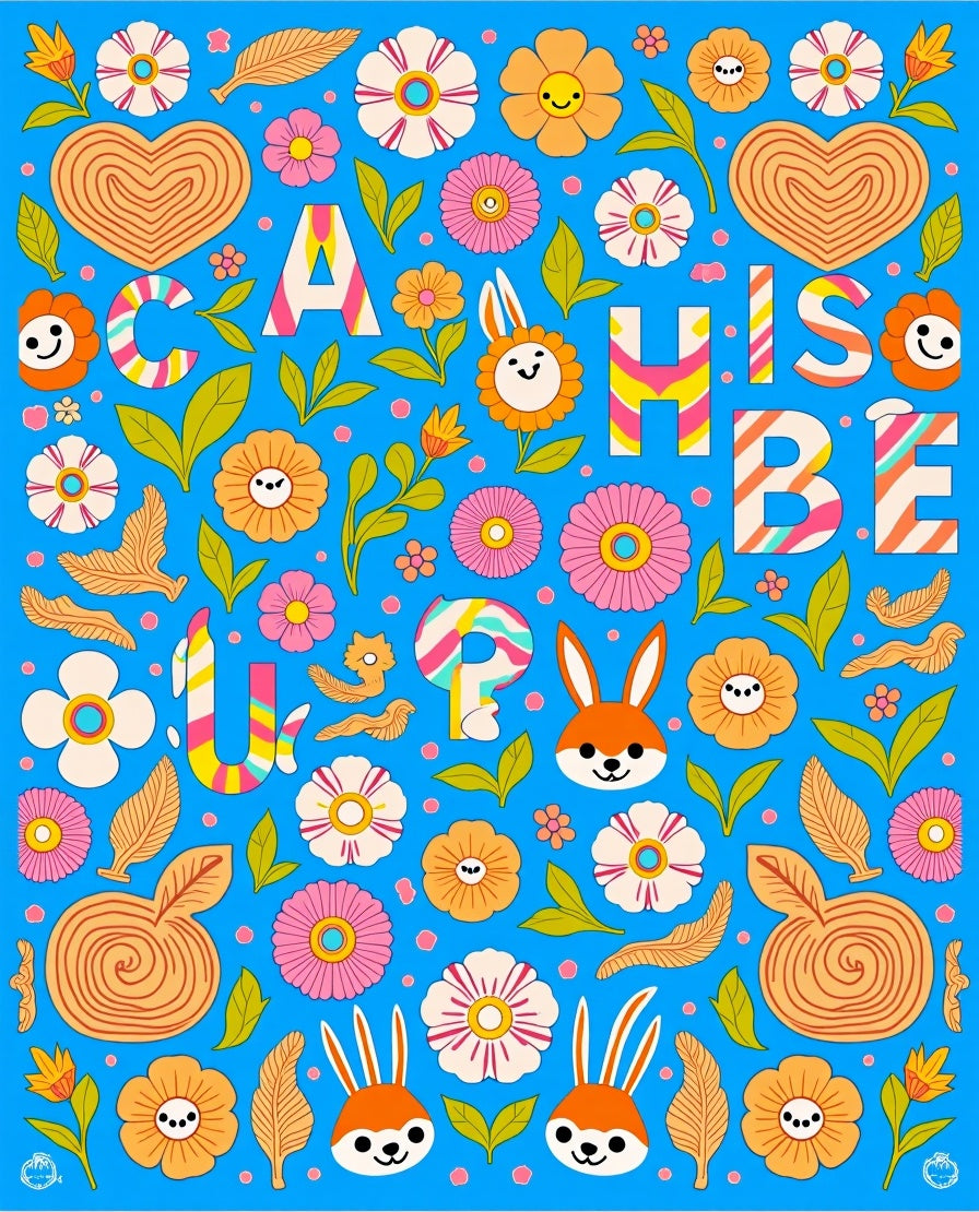 Retro Orange Floral Hearts Rabbits Rug