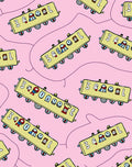 Whimsical Yellow Train Cars Pink Background Rug