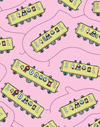 Whimsical Yellow Train Cars Pink Background Rug