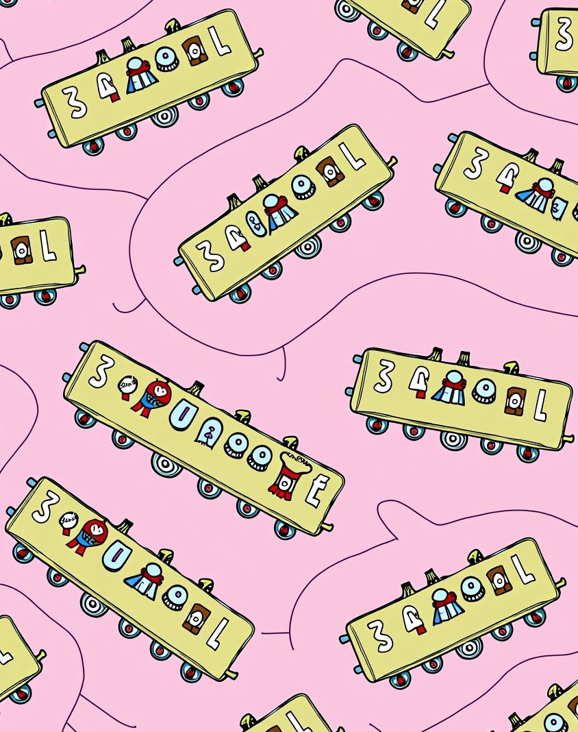 Whimsical Yellow Train Cars Pink Background Rug