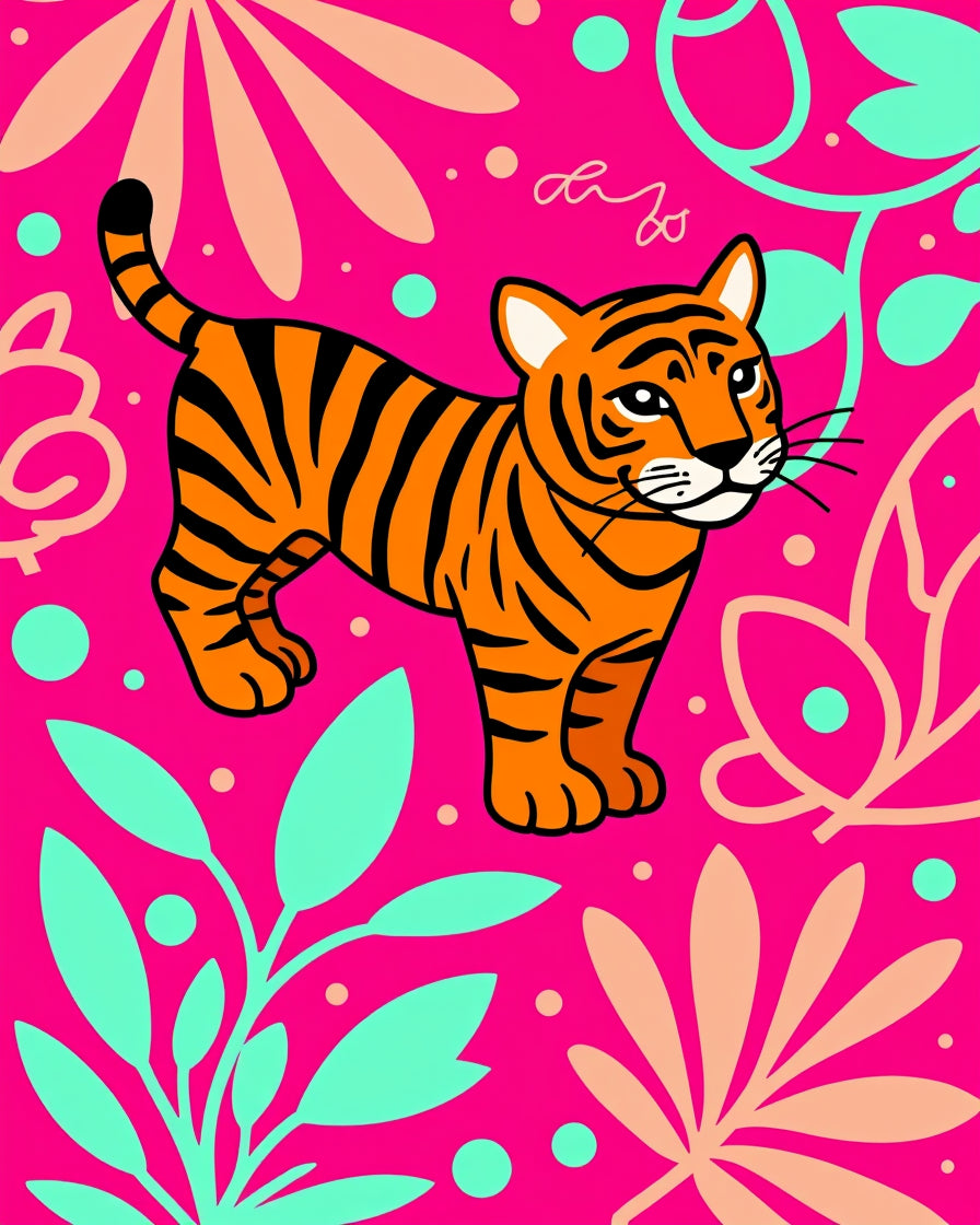 Vibrant Pink Tiger Floral Jungle Rug