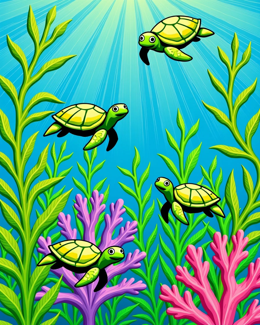 Green Sea Turtles Amidst Coral Reef Rug