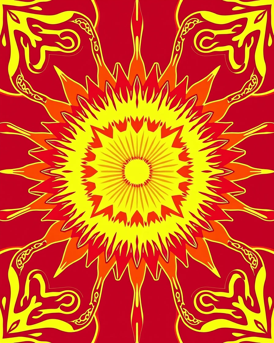 Radiant Sunburst Red Yellow medallion Rug