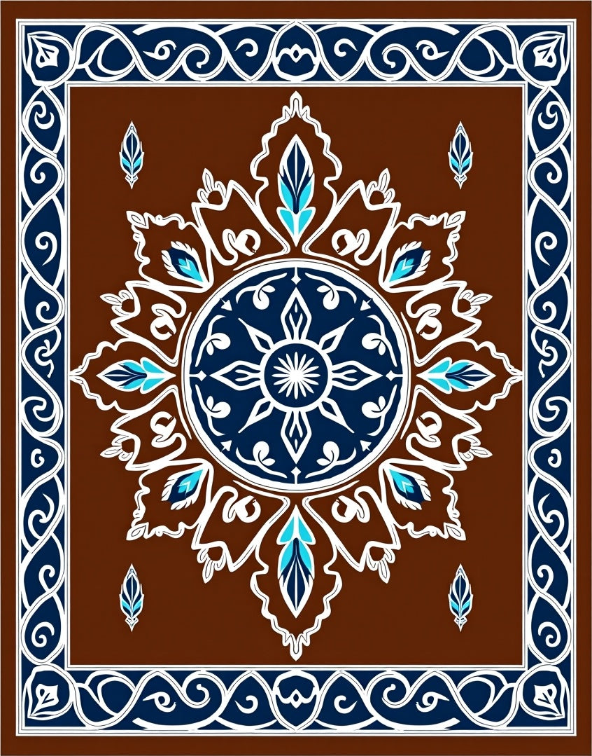 Brown Blue White Ornamental Medallion Rug