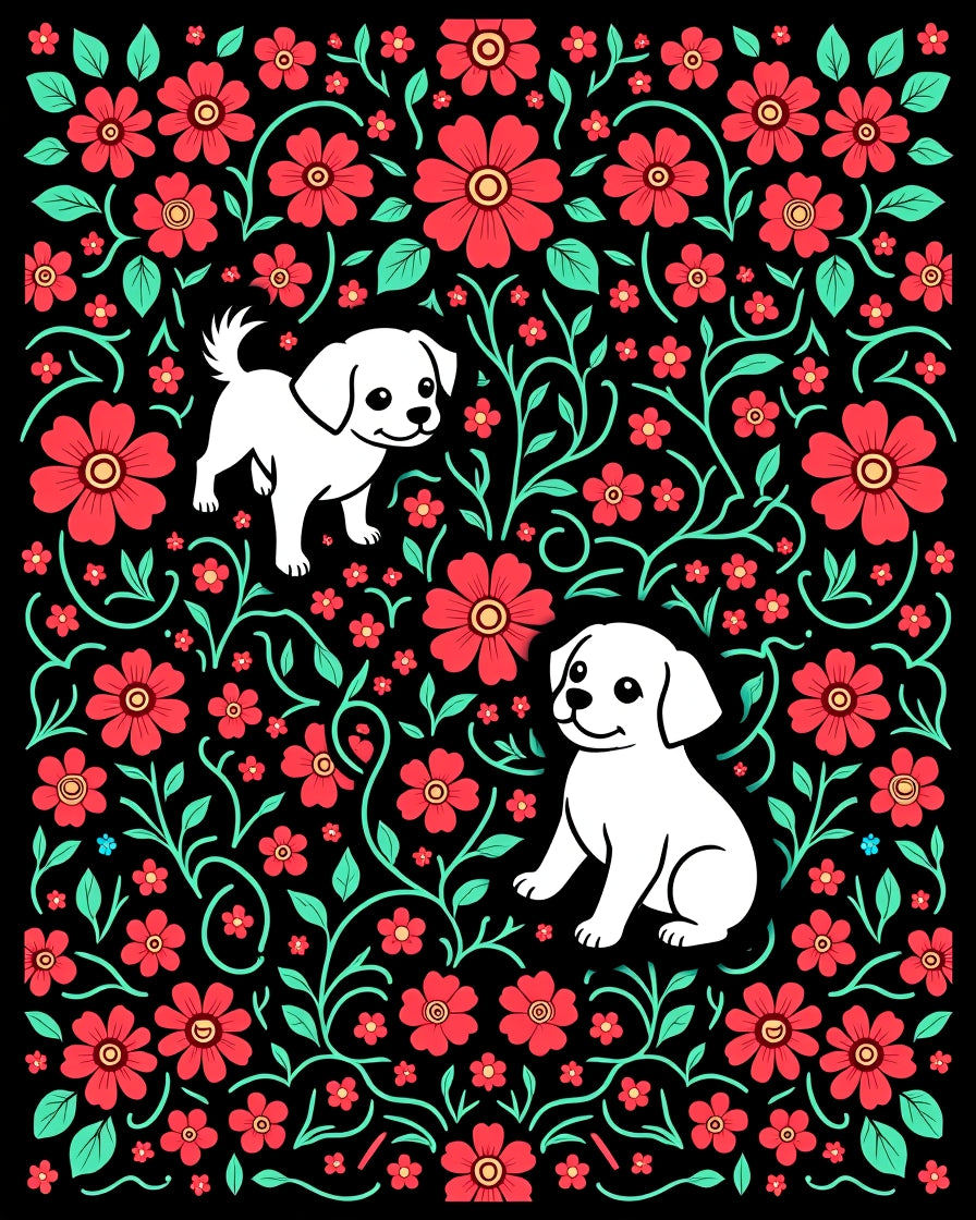 Whimsical White Puppies Red Floral Garden Rug