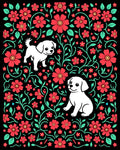 Whimsical White Puppies Red Floral Garden Rug