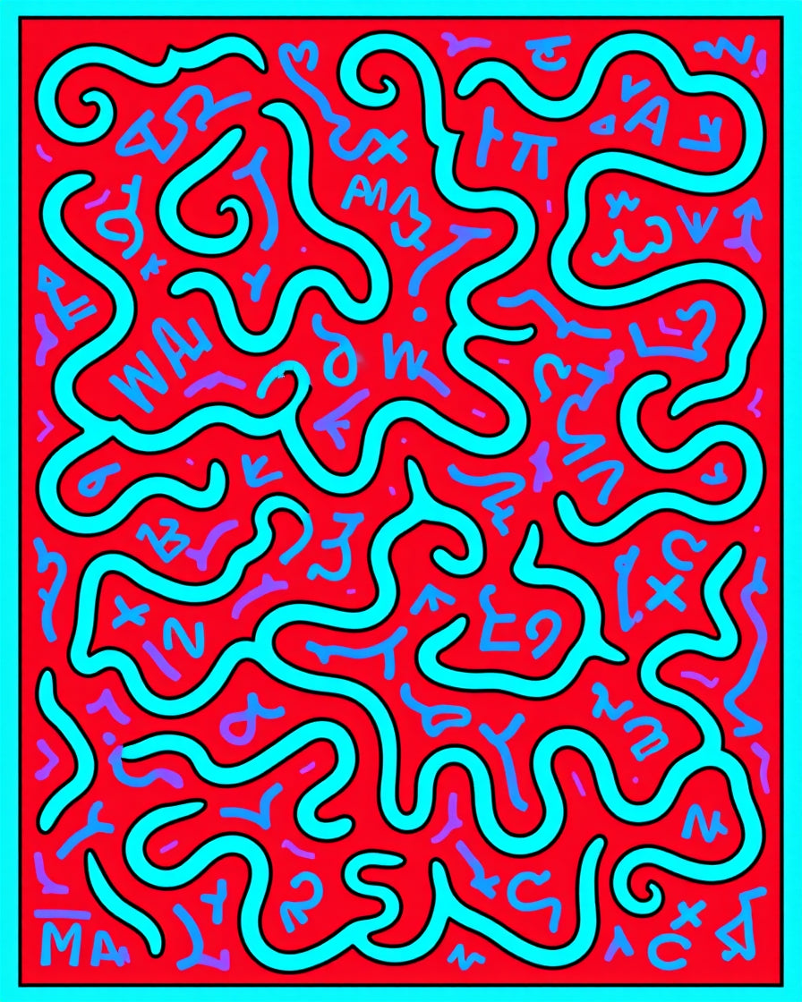 Red Teal Abstract Scribble Maze Rug