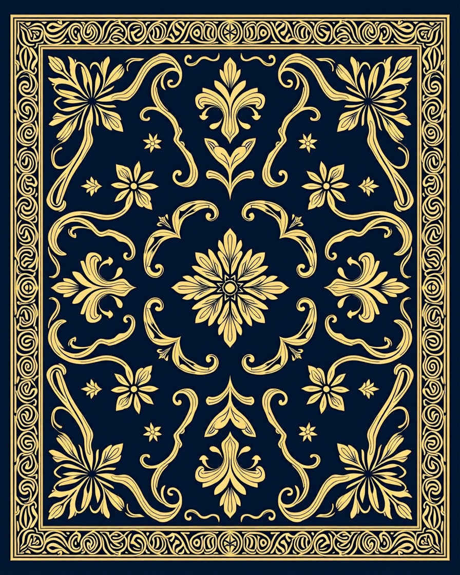 Golden Navy Floral Medallion Scroll Rug