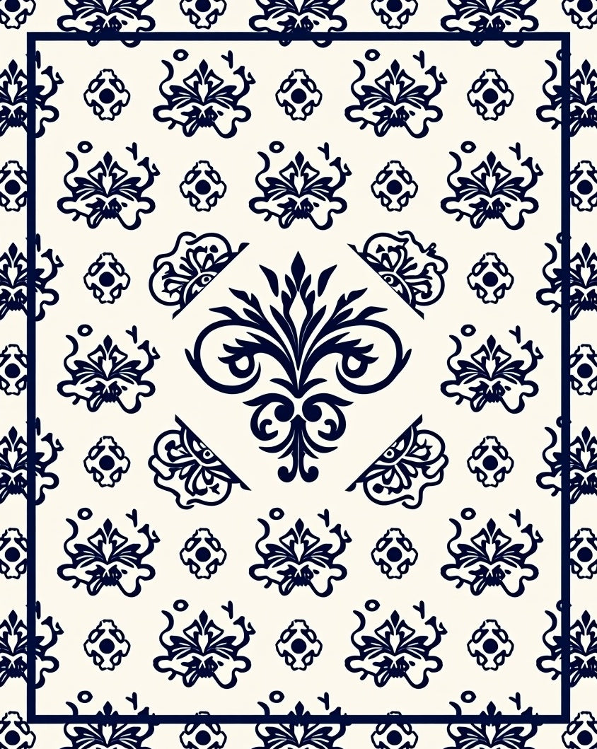 Cream Navy Blue Damask Scroll Medallion Rug