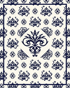 Cream Navy Blue Damask Scroll Medallion Rug