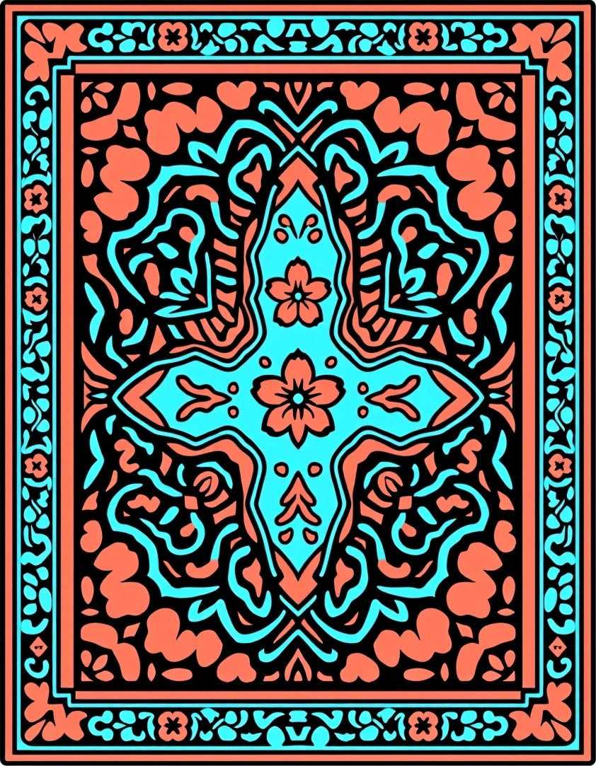 Coral Teal Floral Symmetry Rug