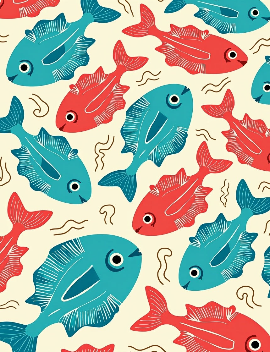 Red Blue Fish Aquatic Scene Rug