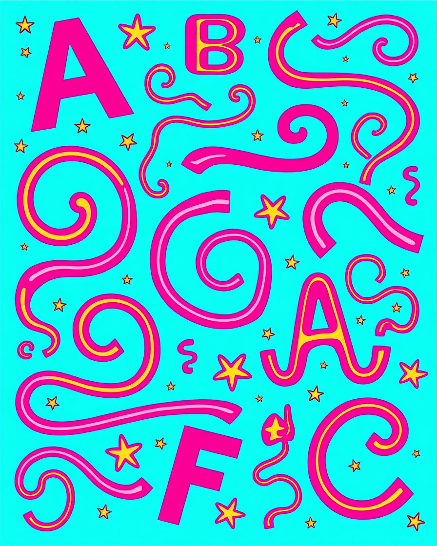 Pink Yellow Alphabet Stars Aqua Background Rug