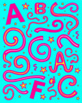 Pink Yellow Alphabet Stars Aqua Background Rug