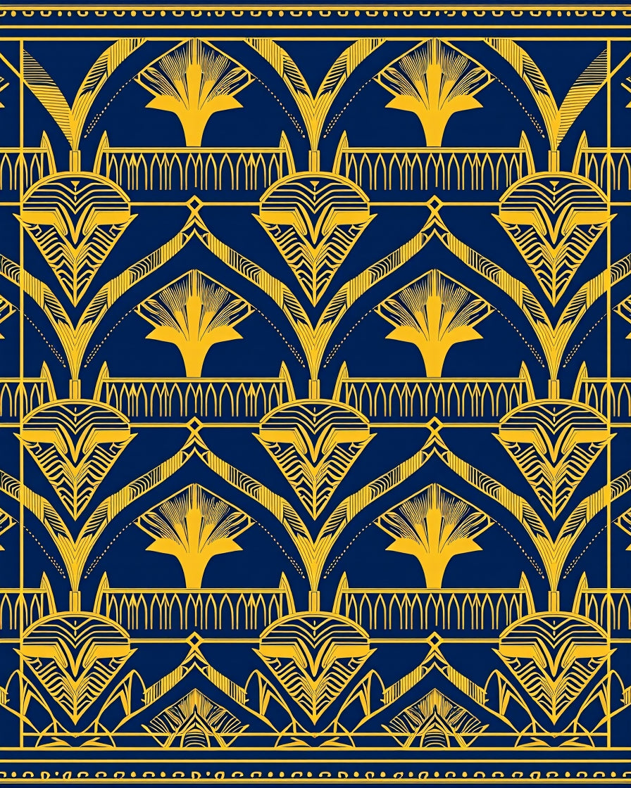 Art Deco Navy Gold Fan Motif Rug