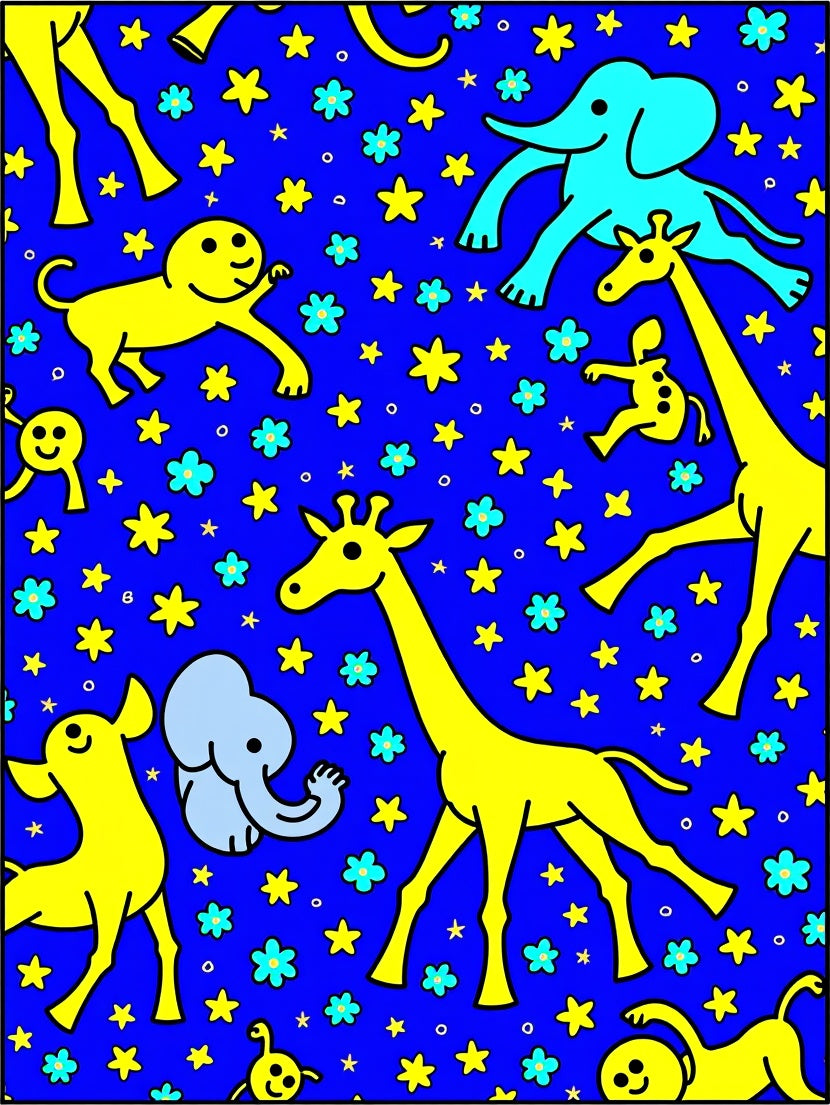 Playful Yellow Animals Blue Starry Rug