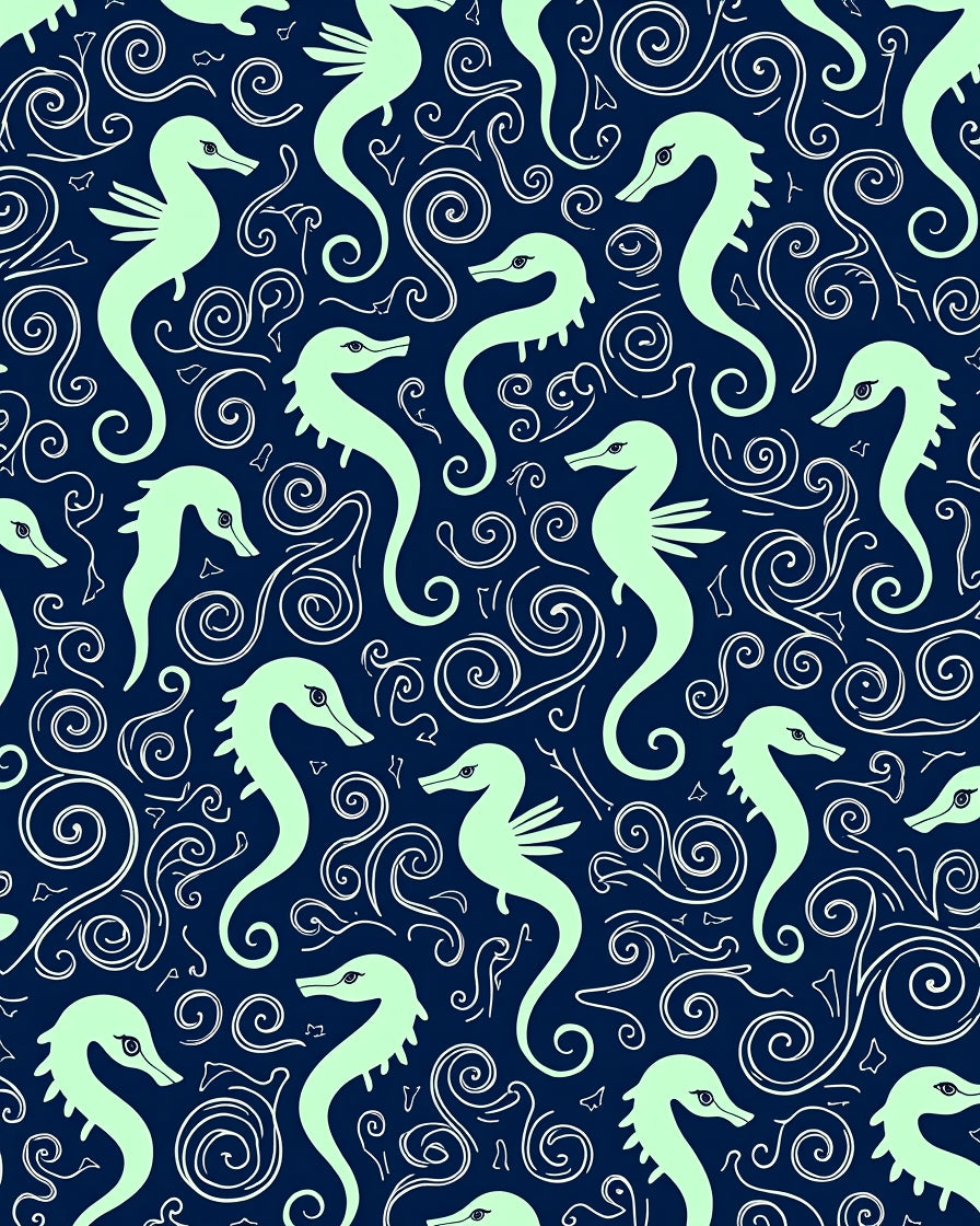 Navy Mint Seahorse Swirl Motif Rug