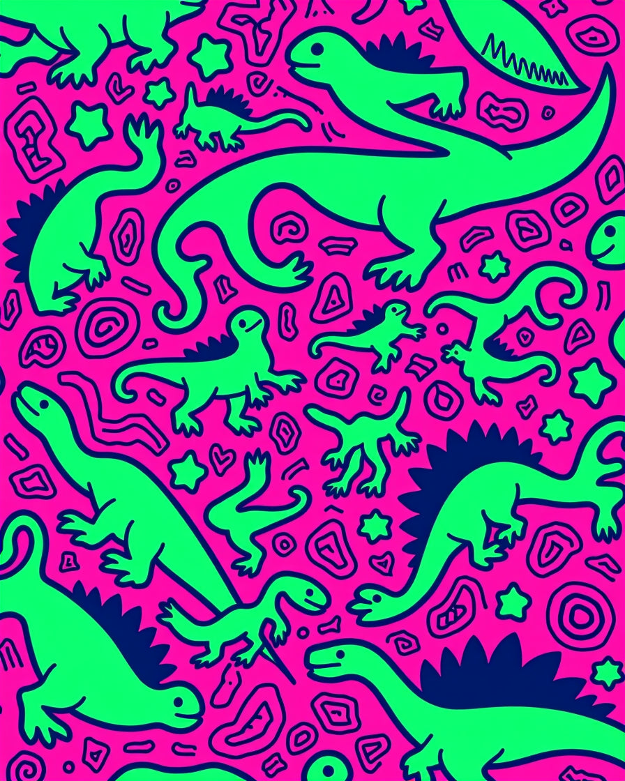 Vibrant Neon Dinosaur Jungle Playful Rug