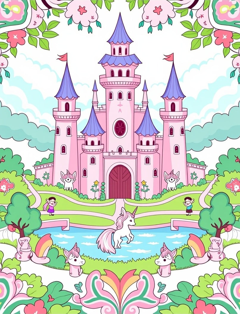 Whimsical Pink Castle Unicorn Garden Rug
