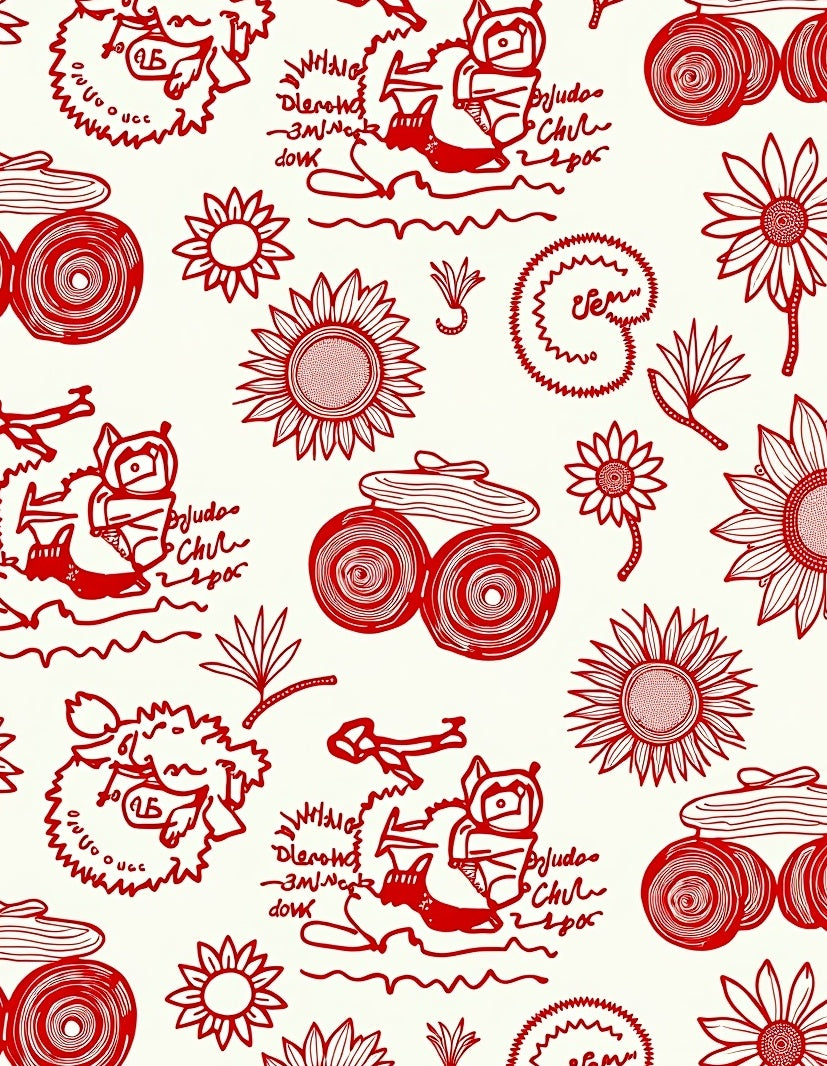 Red Whimsical Sketchy Animal Floral Rug