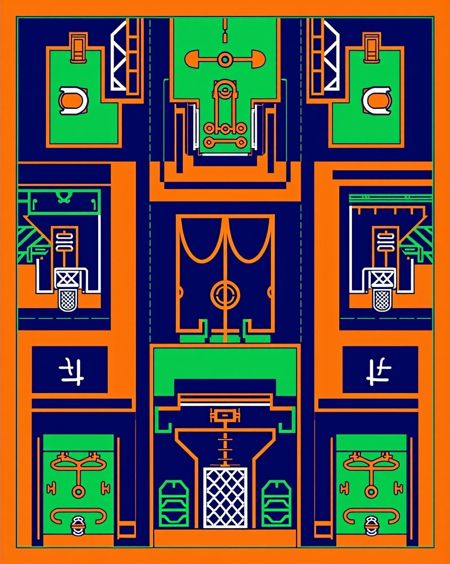 Industrial Blue Orange Green Geometric Collage Rug