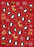 Red Christmas Penguins Snowflakes Reindeer Holly Rug