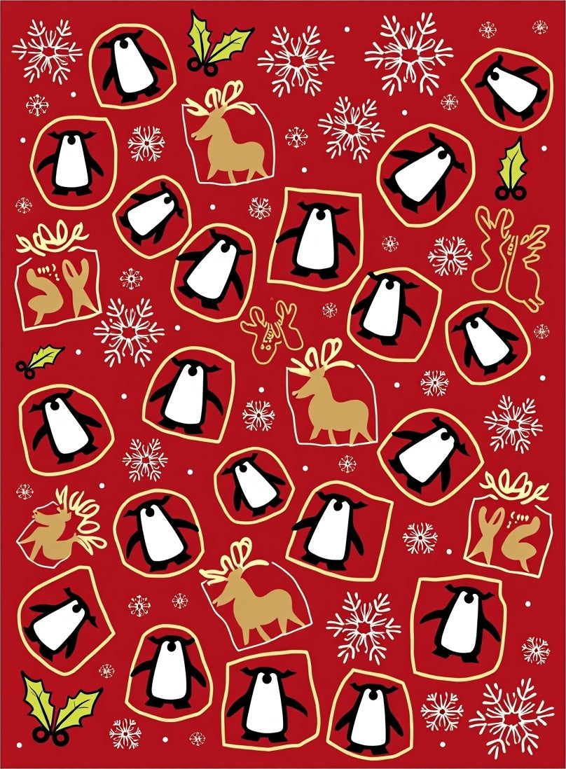 Red Christmas Penguins Snowflakes Reindeer Holly Rug