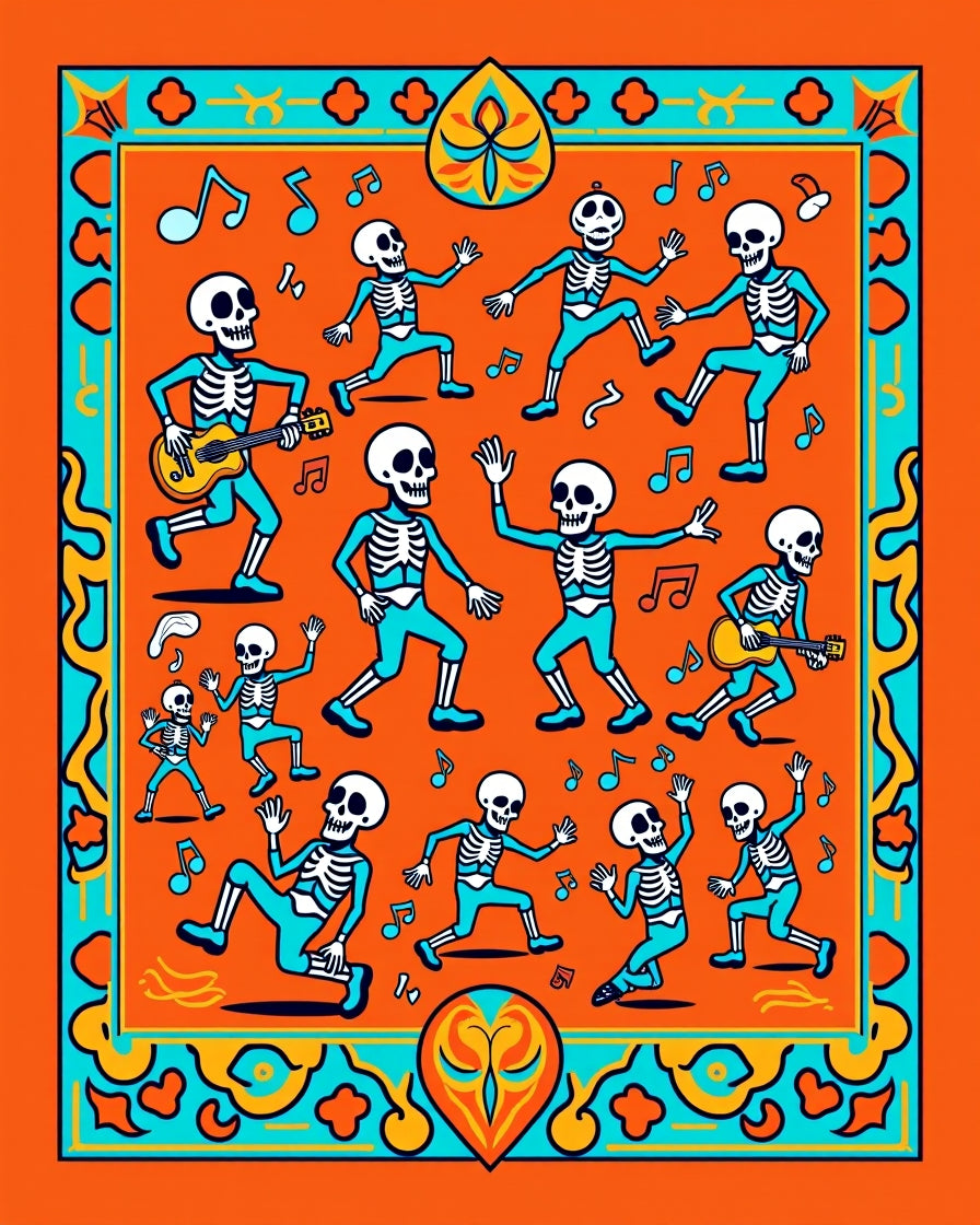 Dancing Skeletons Orange Turquoise Music Rug
