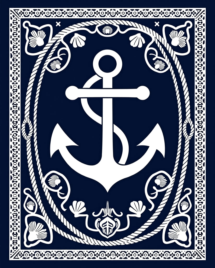 Nautical White Anchor Navy Blue Emblem Rug