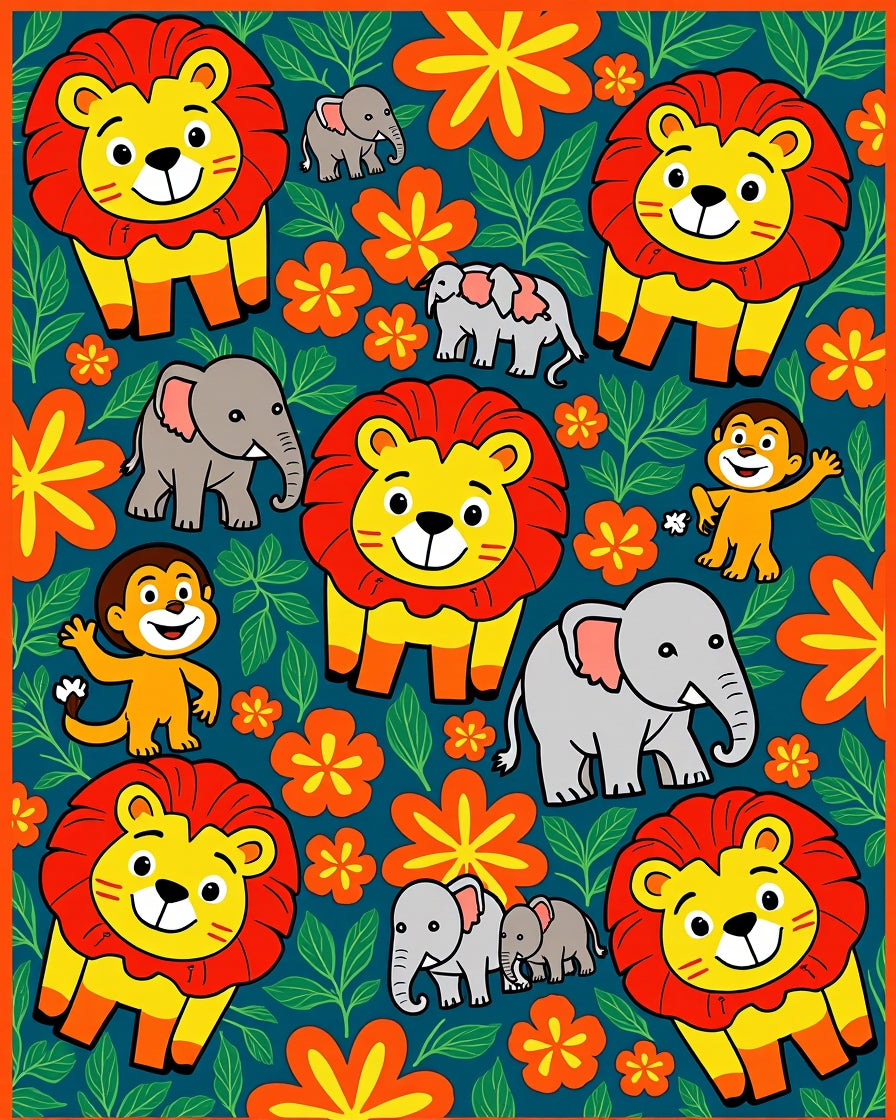 Jungle Animals with Flowers and Leaves Rug