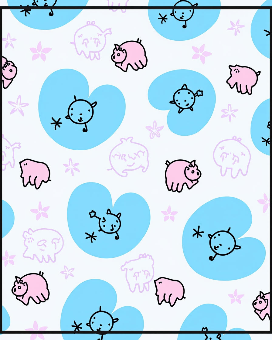 Cute Pink Piggy Blue Heart Cartoon Rug