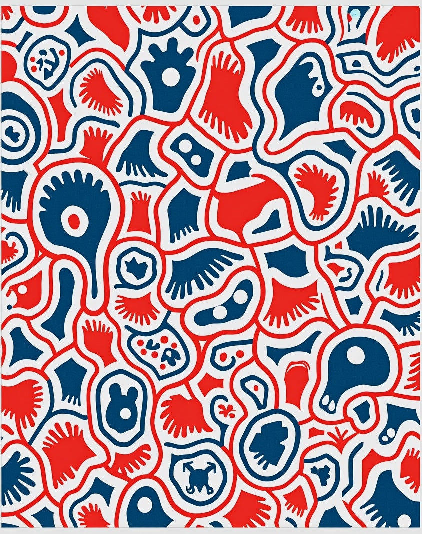 Bold Red Blue Organic Collage Rug