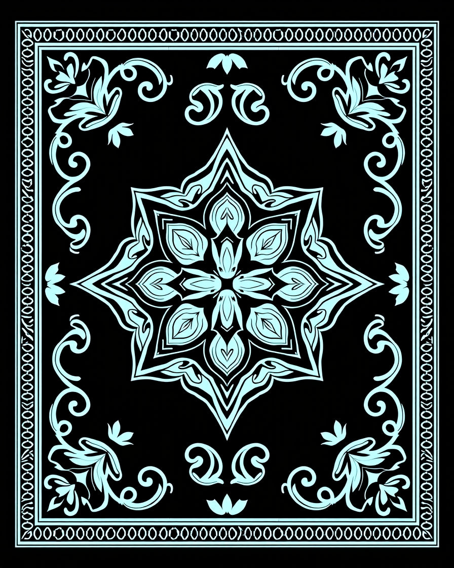 Light Blue Floral Medallion Black Rug